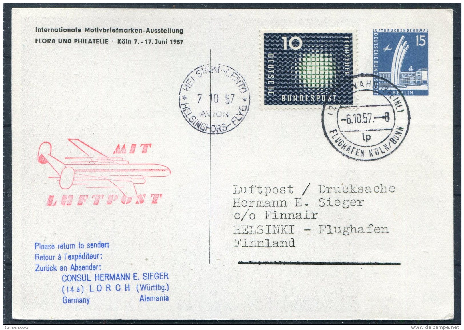 1957 Germany Koln Budesgartenschau Ausstellung Stationery Postcard Luftpost Finnair Flight - Helsinki - Otros & Sin Clasificación