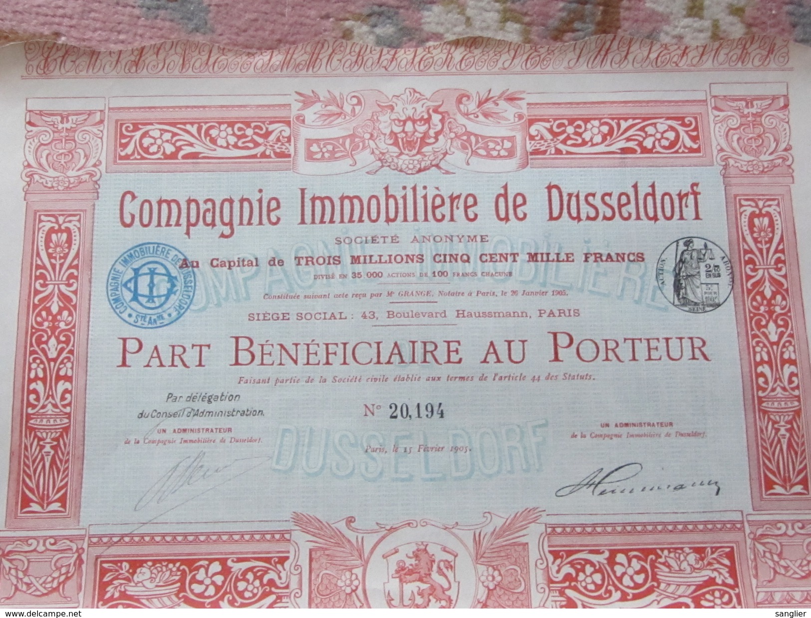 ACTION DE 100 FRS  COMPAGNIE IMMOBILIERE DE DUSSELDORF - ANNEE 1905 - Other & Unclassified