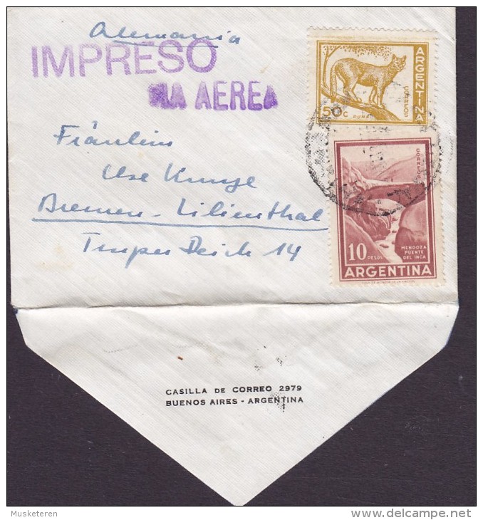 Argentina (Purple9 VIA AEREA & IMPRESO Cancel "Petite" BUENOS AIRES Cover Letra Germany Puma & Mendoza Puente (2 Scans) - Luftpost