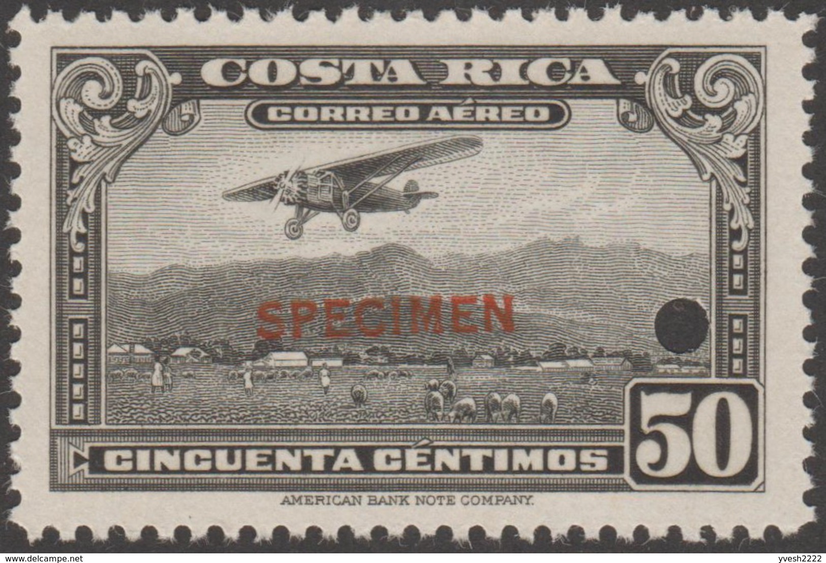 Costa Rica 1934 Y&T 14/22 Neufs sans charnières. Surchargés Specimen. Aéroport de San José. Ferme, moutons, volcans