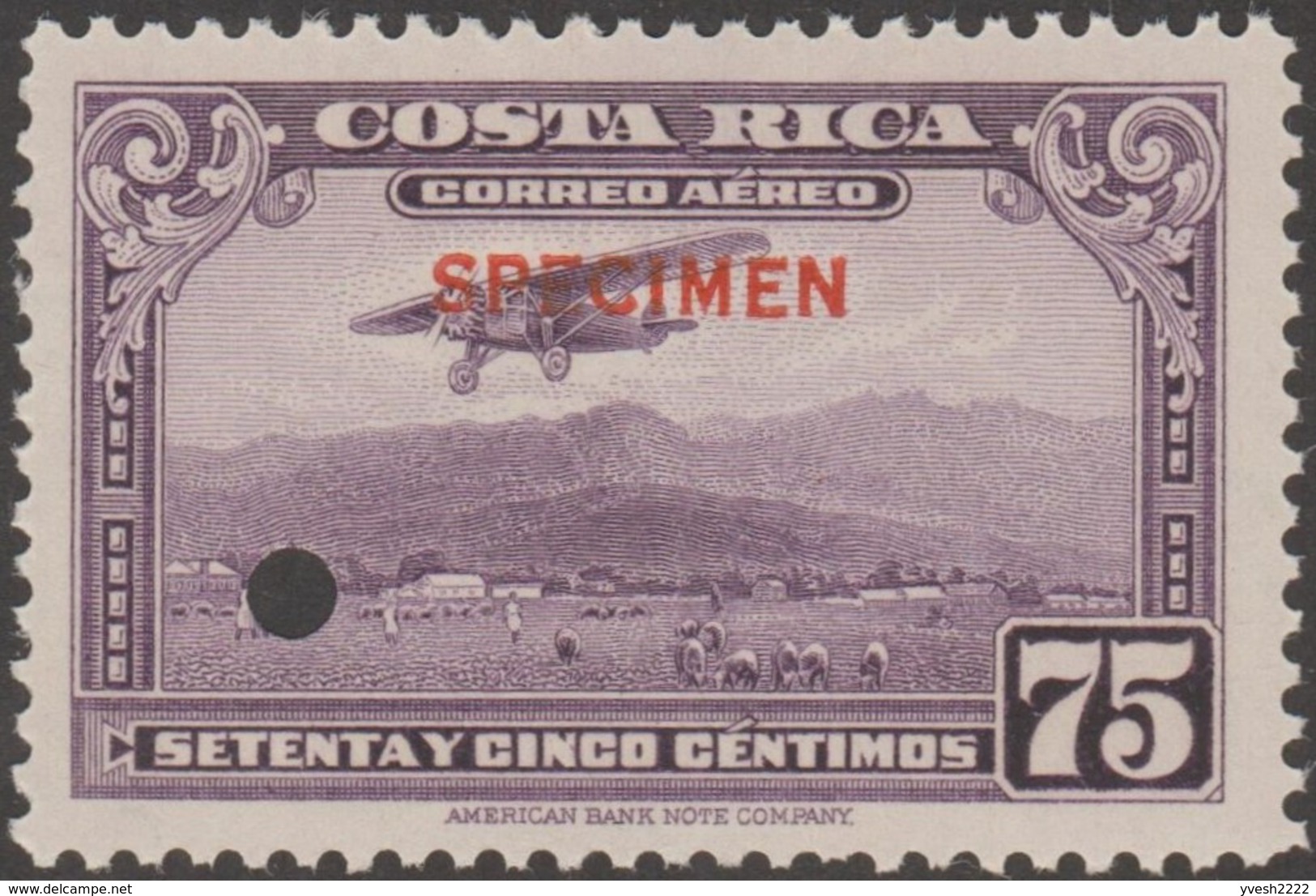 Costa Rica 1934 Y&T 14/22 Neufs sans charnières. Surchargés Specimen. Aéroport de San José. Ferme, moutons, volcans