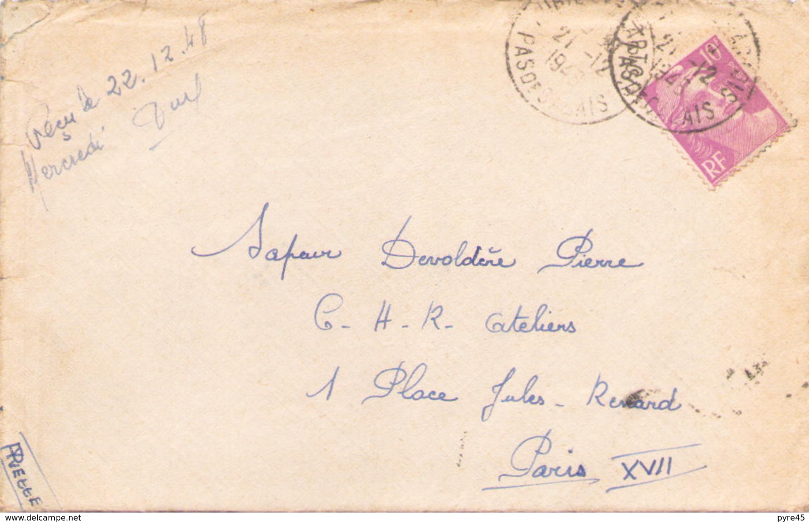 FRANCE ENVELOPPE DU 21 DECEMBRE 1947 DE AUBIGNY EN ARTOIS POUR PARIS - Covers & Documents