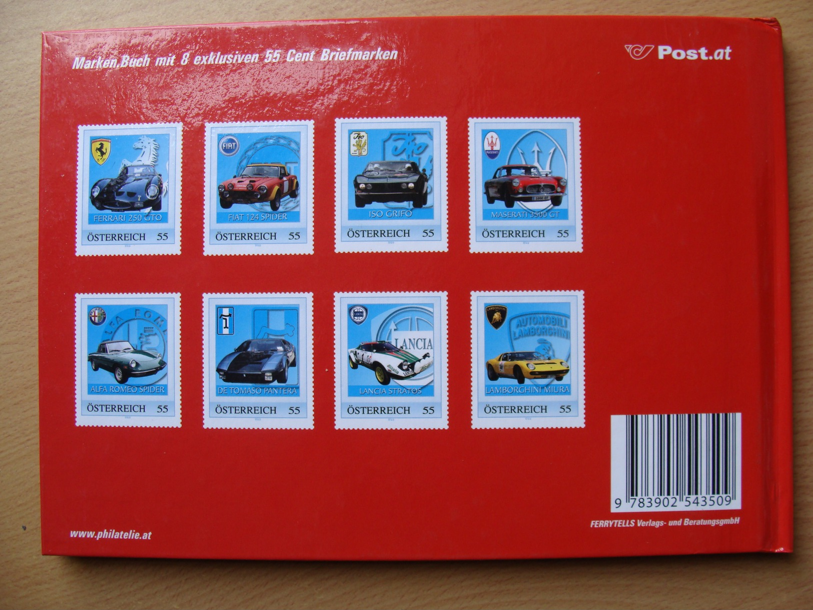 Austria pws 2008 - Italianische Sportwagen 38 page markenbuch with 8 MNH stamps depicting cars Ferrari Alfa Romeo Lancia