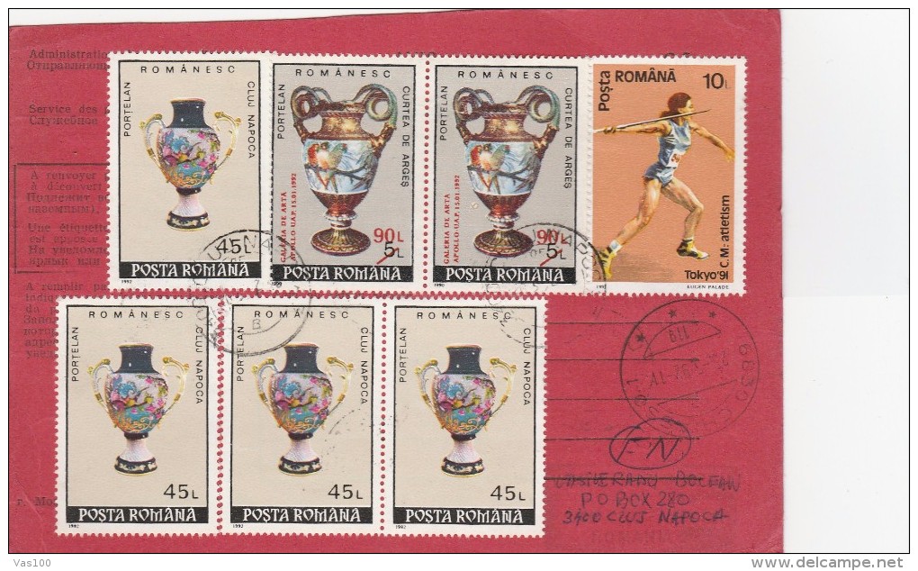 POSTAL HISTORY; AVIS DE RECEPTION- 7 STAMPS - 1992,PORCELAIN BIRDS, RARE! ROMANIA - Altri & Non Classificati