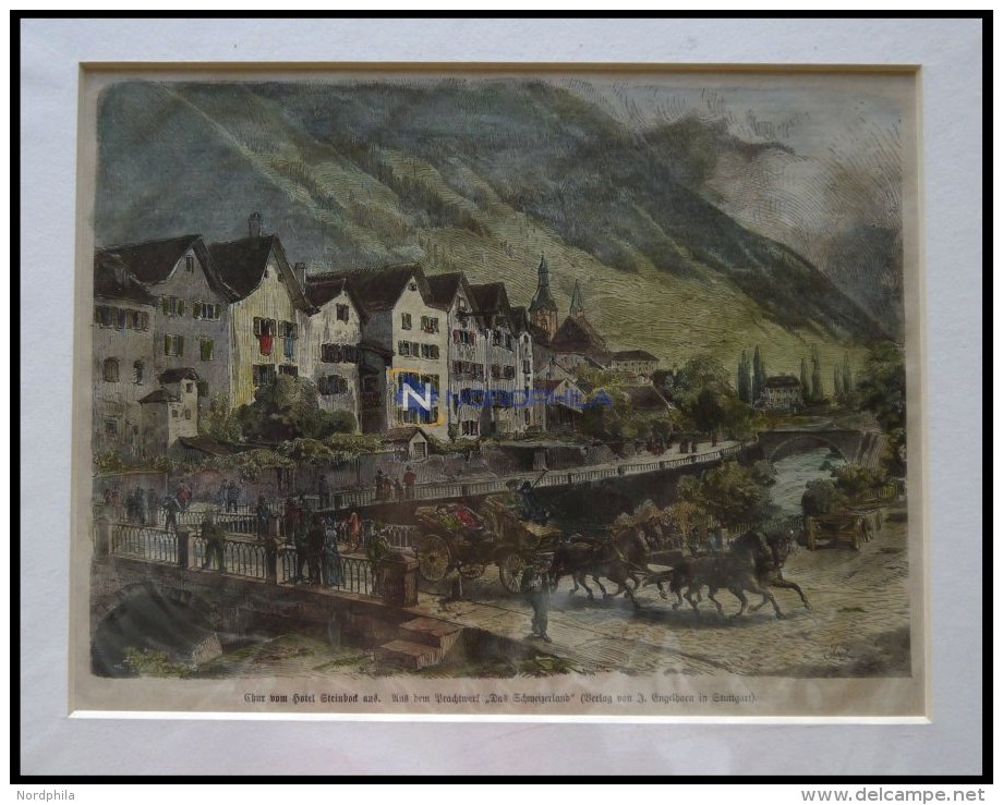 CHUR: Teilansicht Vom Hotel Steinbock Aus, Kolorierter Holzstich Um 1880 - Lithographies