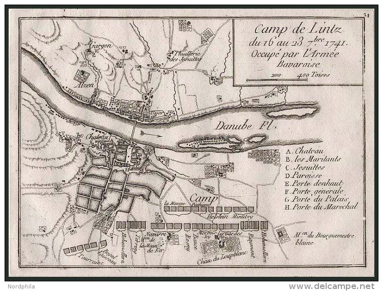 LINZ: Plan Der Stadt Während Des Feldlagers 1741, Kupferstich Von 1760 - Lithografieën