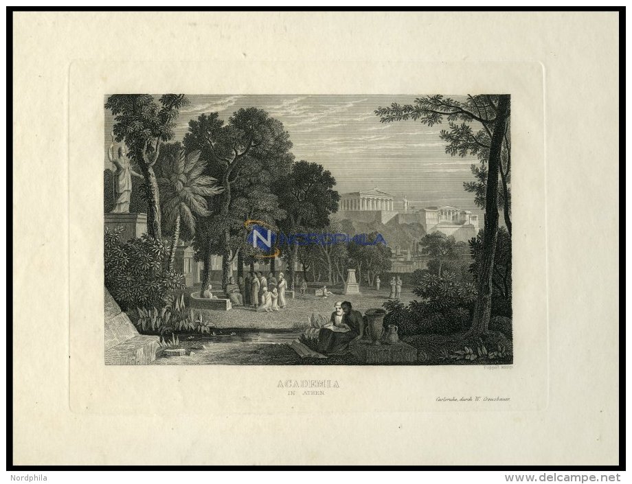 ATHEN: Die Akademie, Stahlstich Von Poppel Um 1840 - Lithographies