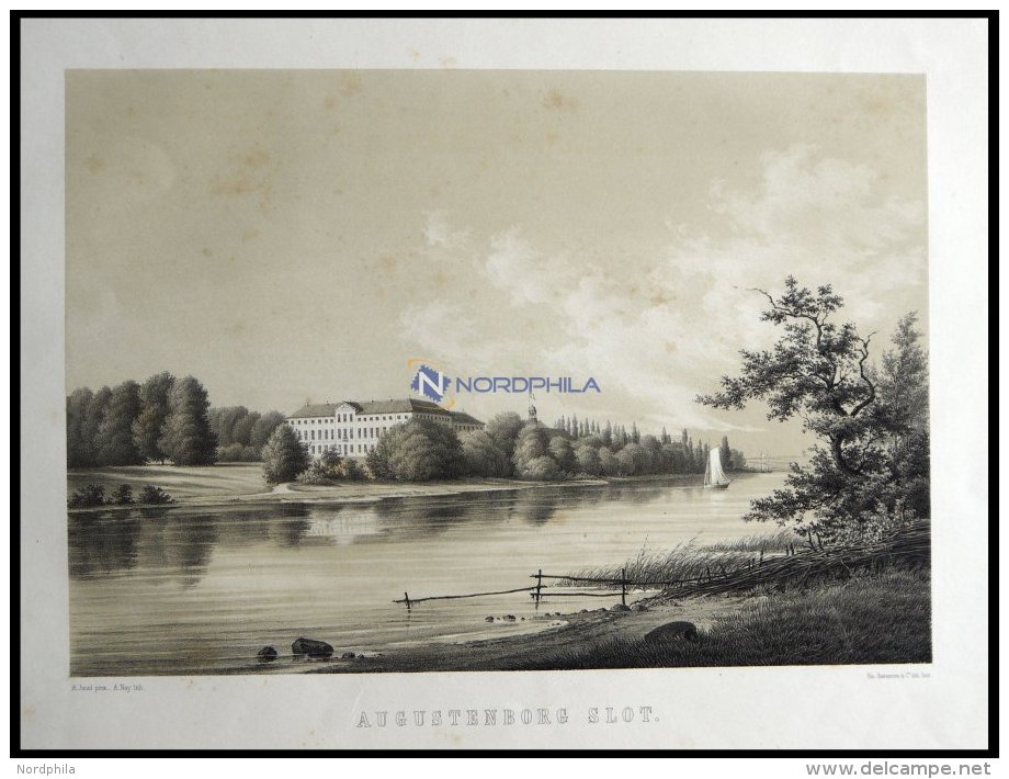 AUGUSTENBURG (Augustenborg Slot), Blick über Den Augustenburg Fjord Zum Schloß, Lithographie Mit Tonplatte Vo - Lithographies