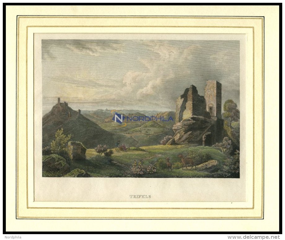 Ruine TRIFELS Bei Annweiler, Kolorierter Stahlstich Von B.I. Um 1840 - Lithographies