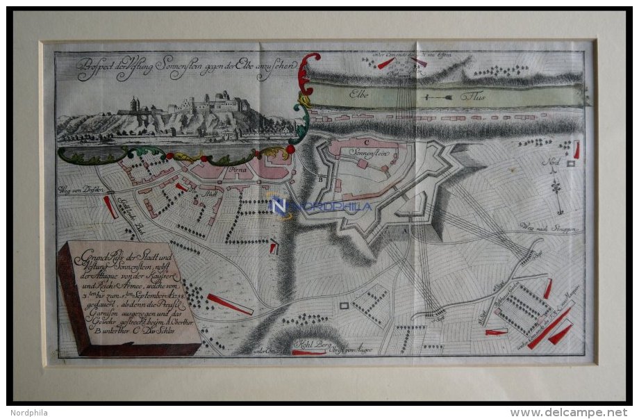 SONNENSTEIN B. PIRNA, Festung Und Gesamtansicht Der Belagerung Vom 3. - 5.9.1758, Altkolorierter Kupferstich Von Ca. 176 - Lithographies