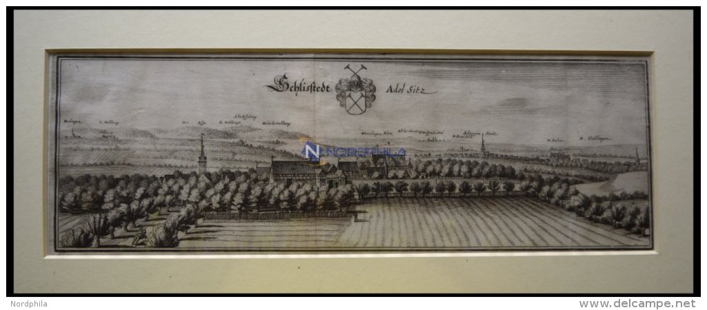SCHLIESTEDT/SCHÖNINGEN In Niedersachsen, Gesamtansicht, Kupferstich Von Merian Um 1645 - Lithographies