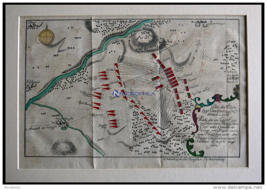 SANDERSHAUSEN, Plan Der Schlacht Vom 23.7.1758, Altkolorierter Kupferstich Bei Raspische Buchhandlung 1760 - Lithographies