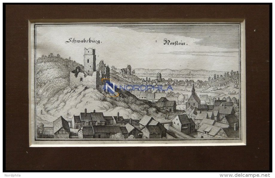 NIERSTEIN, Teilansicht Mit Der Schwabsburg, Kupferstich Von Merian Um 1645 - Lithographies