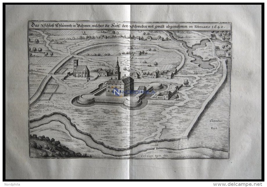 KHLUMETZ/BÖHMEN: Das Schloß Chlumnitz Mit Umgebung, Kupferstich Von Merian Um 1645 - Lithographies