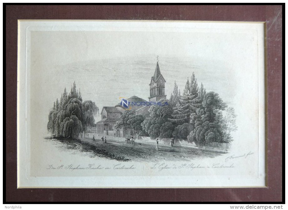 KARLSRUHE: Die St. Stephan Kirche, Stahlstich Auf Chinapapier Von Frommel Um 1840 - Lithographies