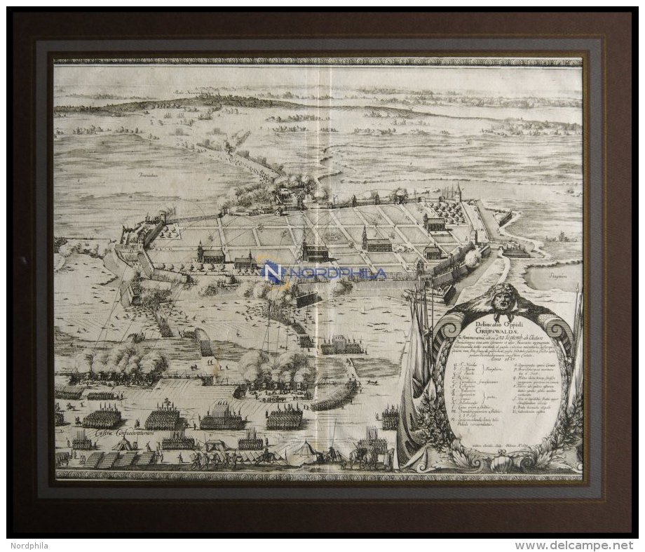 GREIFSWALD In Pommern, Dekorative Darstellung Von Der Belagerung Der Stadt, Anno 1659, Kupferstich Von Pufendorf Aus `Si - Lithographies