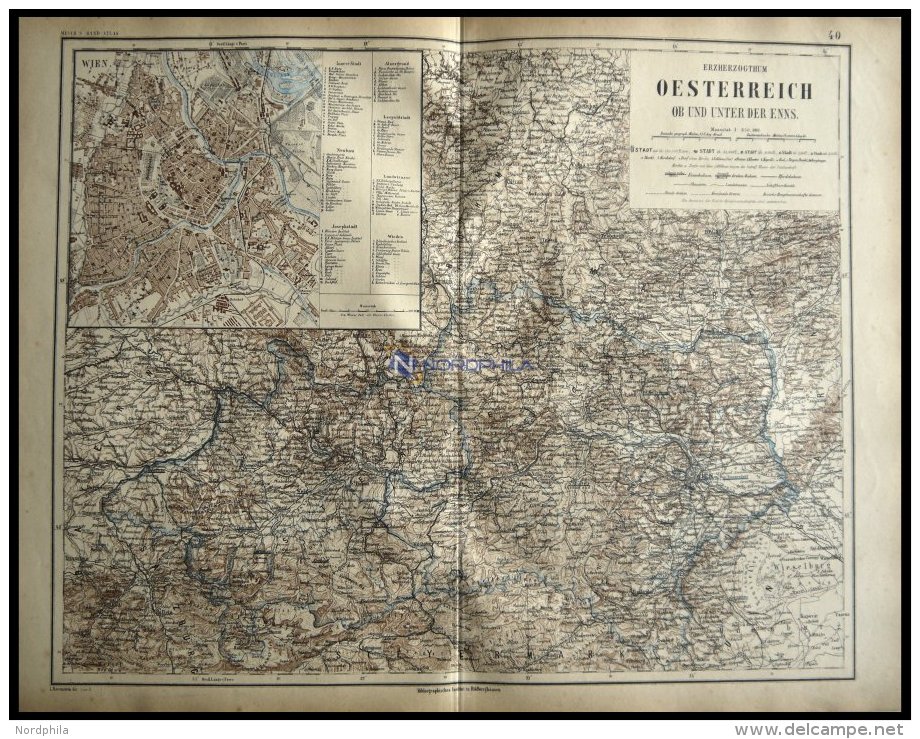Generalkarte Ob Und Unter Der Enns Mit Grundrißplan Von Wien, Kolorierter Stahlstich Aus Meyers Hand-Atlas, 1875 - Other & Unclassified