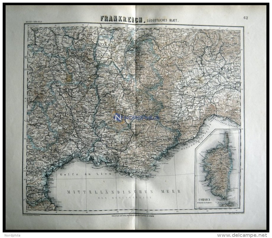 Der Südöstliche Teil Mit Corsica, Grenzkolorierter Stahlstich Aus Meyers Hand-Atlas, 1875 - Autres & Non Classés