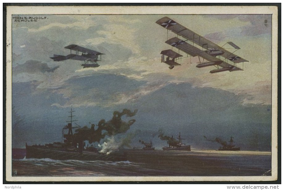 ALTE POSTKARTEN - FLUGZEUGE Wasserflugzeuge über Der Englischen Flotte, Farbige Künstlerkarte Von 1916 - Airplanes