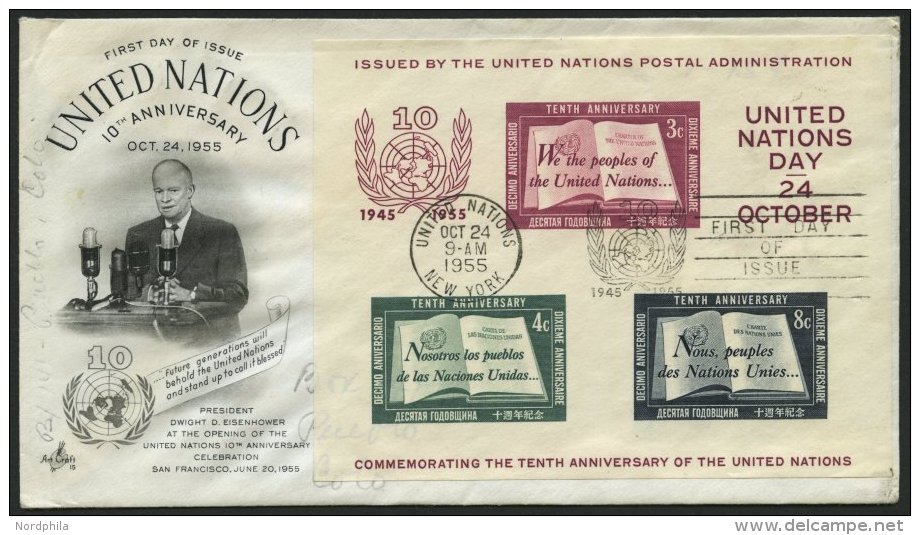 UNO NEW YORK Bl. 1I BRIEF, 1955, Block 10 Jahre Vereinte Nationen Auf FDC, Pracht - UNO