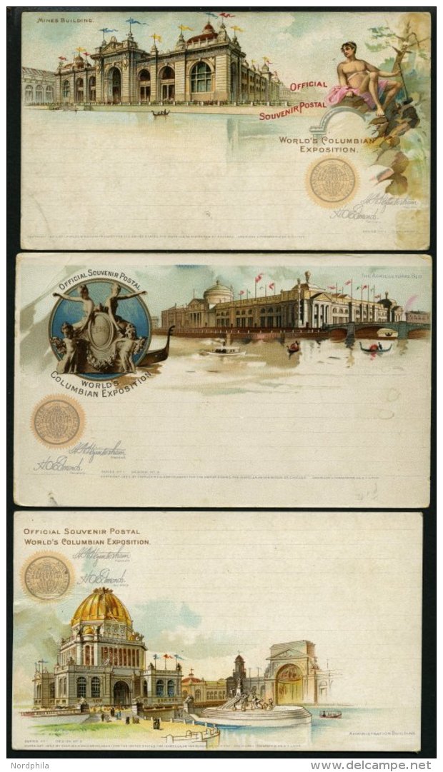 GANZSACHEN 1893, WORLD`S COLUMBIAN EXPOSITION, 7 Verschiedene Ungebrauchte 1 C. Postal Cards Der Serie Goldsmith, Etwas - Oblitérés
