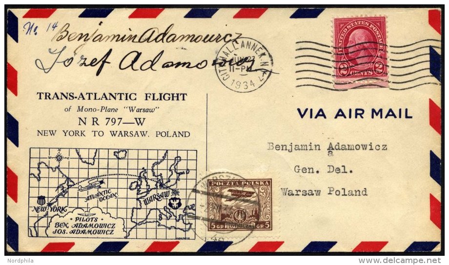 US-FLUGPOST 27.6.1934, Transatlantikflug NEW YORK-WARSCHAU (Adamowicz-Flug) Mit Autogrammen Der Flieger, US-polnische Fr - 1c. 1918-1940 Storia Postale
