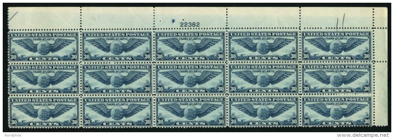 USA 450 **, Scott C 24, 1939, 30 C. Transatlantikflug New York-Marseille Im 15er-Bogenteil Mit Plattennummer, Pracht, $ - Used Stamps