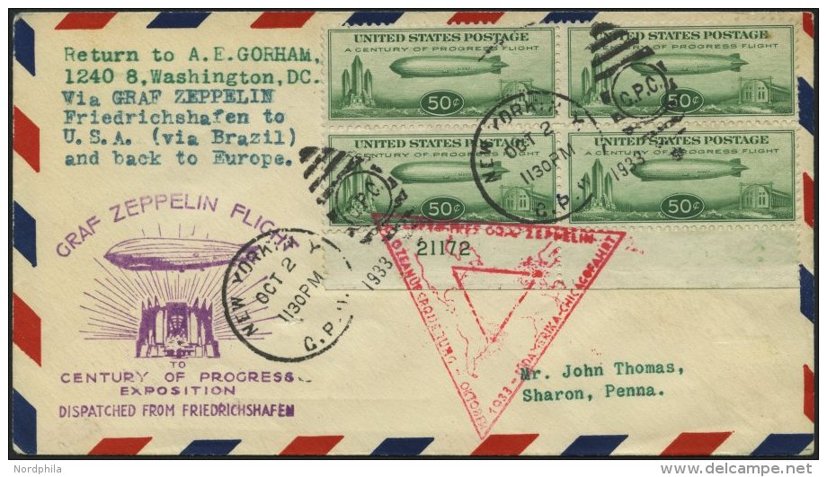 USA 358 VB BRIEF, Scott C 18, 1933, 50 C. Chicagofahrt Im Viererblock Mit Plattennummer Auf FDC, Pracht, R! - Used Stamps