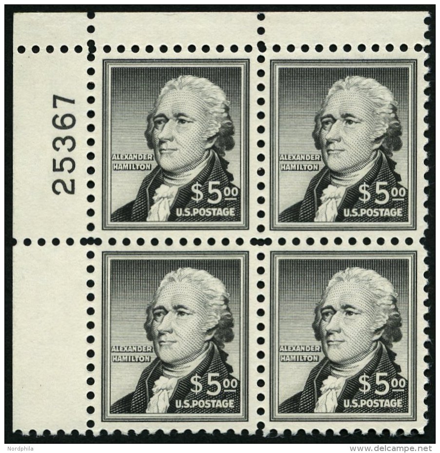 USA 675 VB **, Scott 1053, 1956, 5 $ Hamilton Im Oberen Linken Eckrandviererblock Mit Plattennummer, Pracht, $ 230.- - Used Stamps