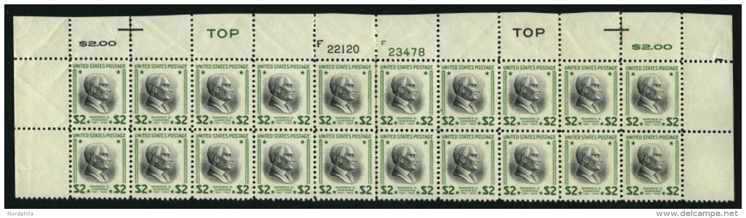 USA 440b **, Scott 833, 1943, 2 $ Grün/schwarz Harding Im 20er-Block Vom Oberrand Mit 2 Plattennummern, Pracht, $ 4 - Used Stamps