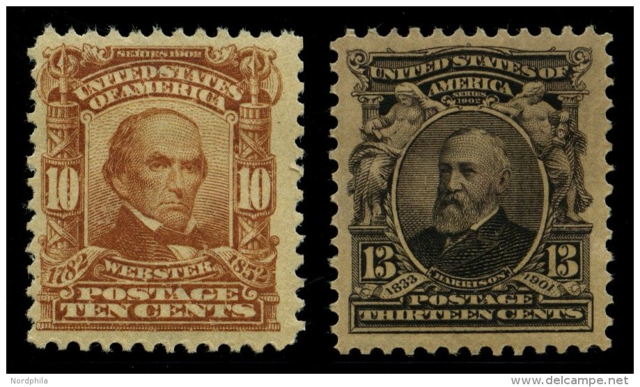 USA 145/6 *, Scott 307/8, 1902, 10 C. Webster Und 13 C. Harrison, Wz. 1, Gezähnt L 12, Falzrest, 2 Prachtwerte, $ 1 - Used Stamps