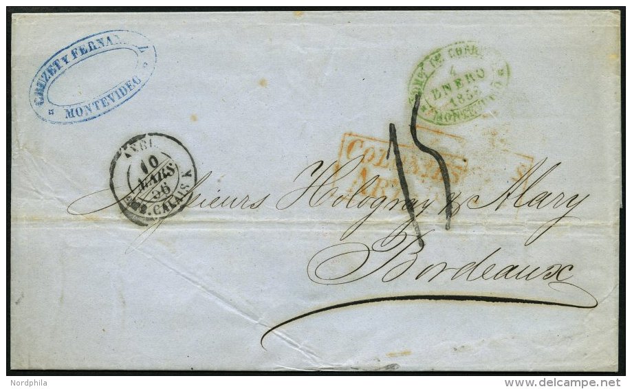 URUGUAY 1856, MONTEVIDEO, Grüner Ovalstempel Und Diverse Nebenstempel Auf Brief Nach Bordeaux, Feinst - Uruguay