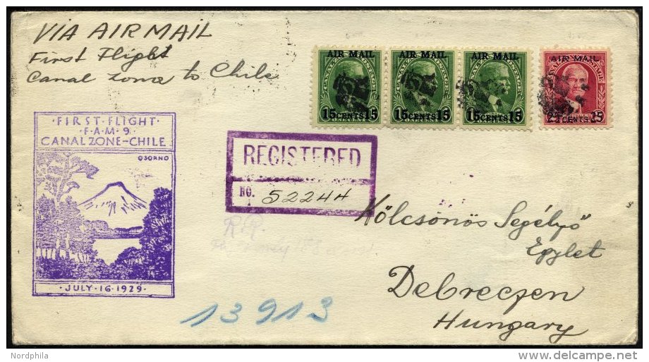 PANAMA-KANALZONE 80/1 BRIEF, 16.7.1929, Erstflug F.A.M.9 CANALZONE-CHILE, Reco-Flugbrief Nach Debreczen/Ungarn: (Christo - Panama