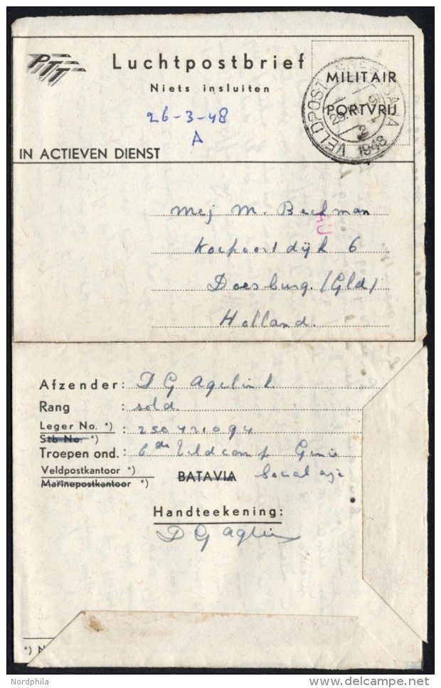 NIEDERLÄNDISCH-INDIEN 1948, K2 VELDPOST-SOERABAJA/2/1948 Auf Luft-Feldpost-Vordruckbrief IN ACTIEVEN DIENST, Pracht - Nederlands-Indië