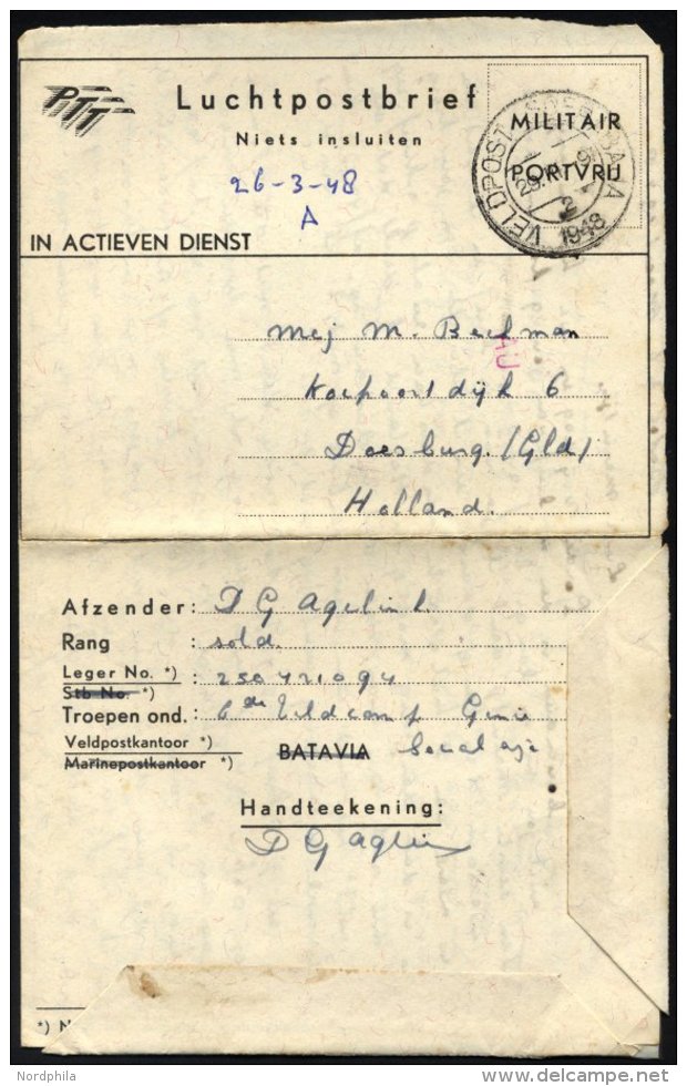 NIEDERLÄNDISCH-INDIEN 1948, K2 VELDPOST 7 DEC.DIV./1948 Auf Luft-Feldpost-Faltbrief Mit Eingedruckter Portofreiheit - Netherlands Indies