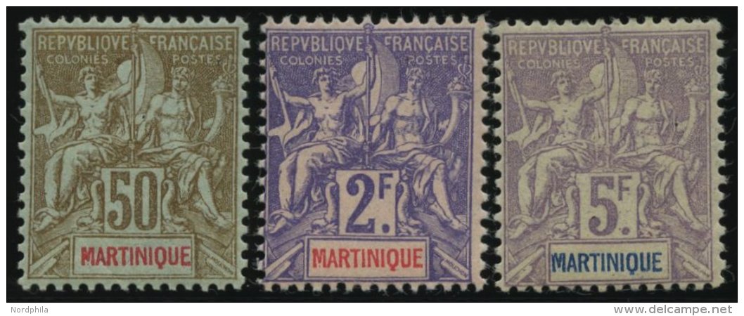 MARTINIQUE 44-46 *, 1889-1904, 5 C. - 5 Fr. Kolonialallegorie, Falzrest, 3 Prachtwerte, Mi. 265.- - Other & Unclassified