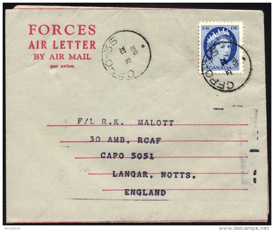 KANADA 294 BRIEF, 1962, 5 C. Hellblau Mit K1 CFPO-35 Auf Feldpost-Aerogramm Der UNEF MIDDLE EAST-Truppen Aus Gaza, Prach - Canada