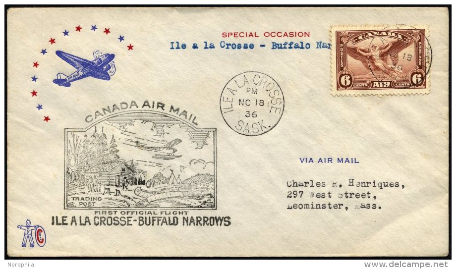 KANADA 196 BRIEF, 18.11.1936, Erstflug ILE A LA GROSSE-BUFFALO NARROWS, Prachtbrief, Müller 286 - Canada