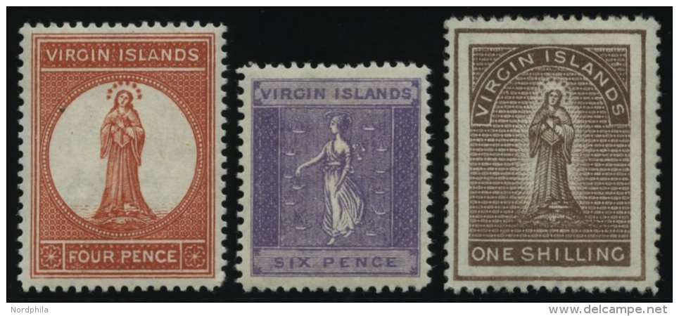 JUNGFERNINSELN 14-16 *, 1887, 4 P. - 1 Sh. Heilige Ursula, Falzreste, 3 Prachtwerte, Mi. 157.- - British Virgin Islands