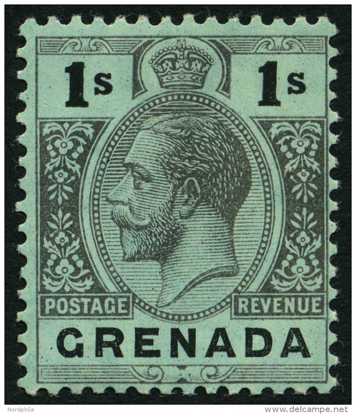 GRENADA 78za *, 1913, 1 Sh. Schwarz Auf Blaugrün, Rückseite Weiß, Falzrest, Pracht, Mi. 75.- - Grenada (1974-...)