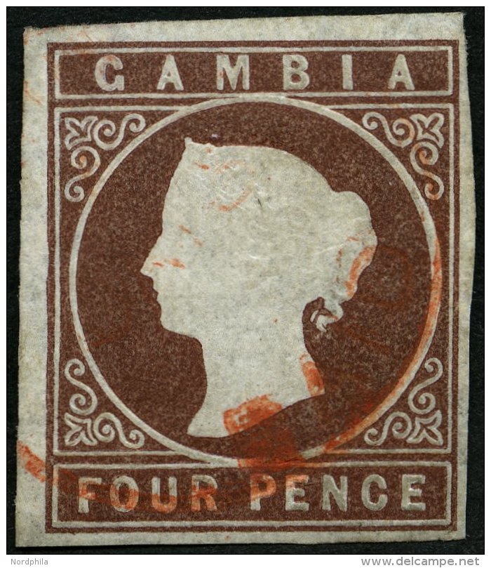 GAMBIA 3 O, 1874, 4 P. Braun, Wz. 1, Roter Stempel, Pracht, Gepr. Bühler, Mi. 280.- - Gambia (1965-...)