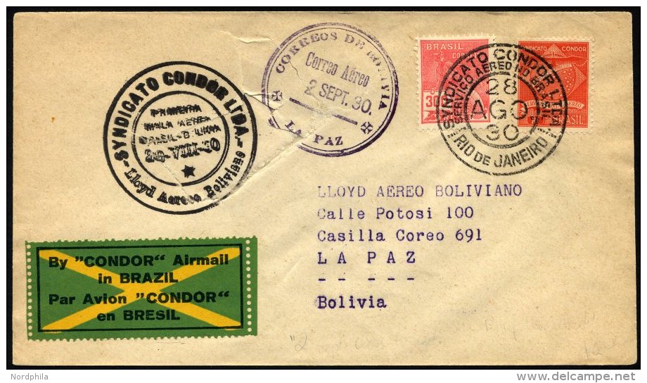 BRASILIEN 28.8.1930, Condor-Erstflug RIO DE JANEIRO-LA PAZ, Starke Vorderseitige Beförderungsschäden, Mül - Other & Unclassified