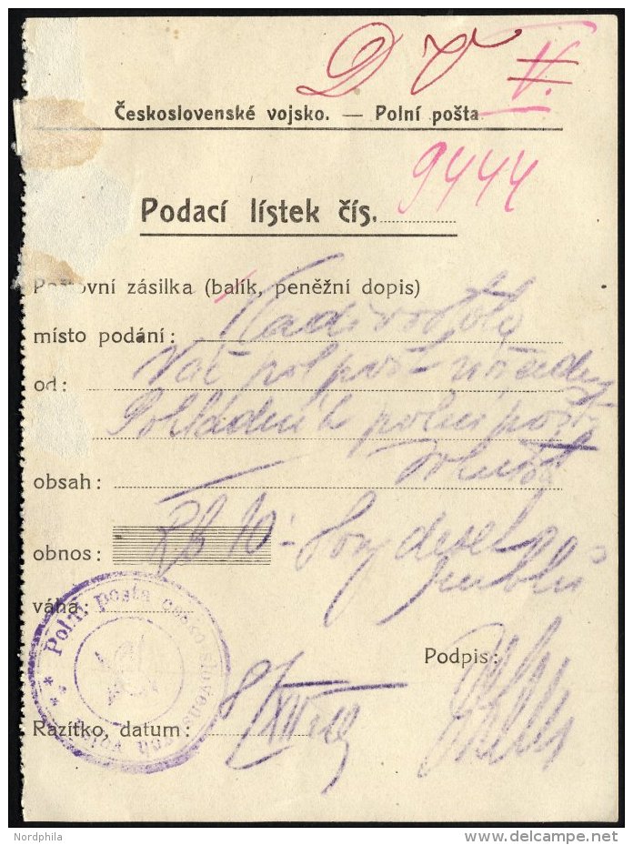 TSCHECHOSLOWAKEI 1919, Feldpost-Einlieferungsschein Vom 8. Dezember 1919 Mit Violettem K3 Des Feldpostkontors Wladiwosto - Lettres & Documents