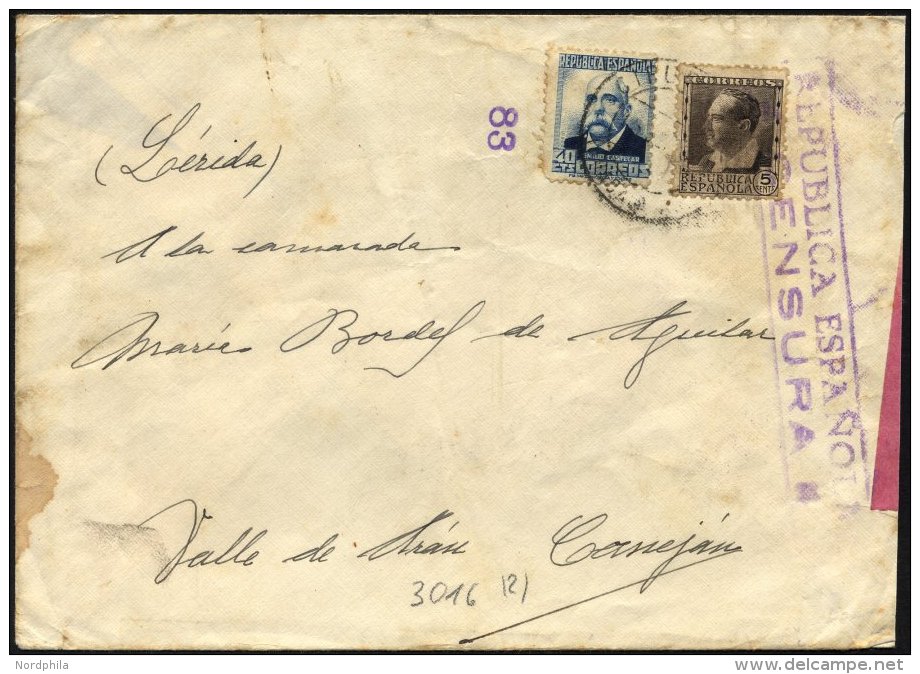 SPANIEN 618,624 BRIEF, 1937, 5 Und 40 C. Berühmte Spanier Mit Violettem Republikanischem Zensurstempel Auf Feldpost - Used Stamps