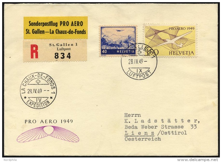 LUFTPOST SF 49.4. BRIEF, 28.4.1949, Pro Aero Sonderflug ST.GALLEN-LA CH`-DE-FONDS, Frankiert Mit U.a. Mi.Nr. 518, Pracht - First Flight Covers