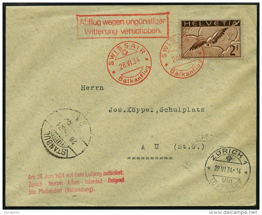 LUFTPOST SF 34.3 BRIEF, 28.6.1934, Swissair Balkanflug Nach Istanbul, Frankiert Mit Mi.Nr. 245z, Prachtbrief - Eerste Vluchten