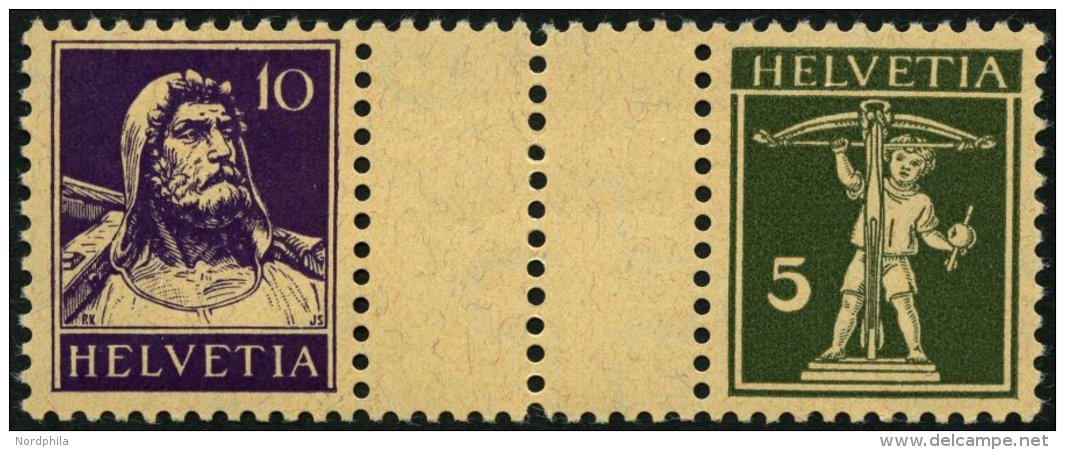 ZUSAMMENDRUCKE WZ 29xC **, 1930, Tellknabe/Tellbrustbild 10 + Z + 5, Glatter Gummi, Zwischensteg Senkrecht Gezähnt, - Se-Tenant