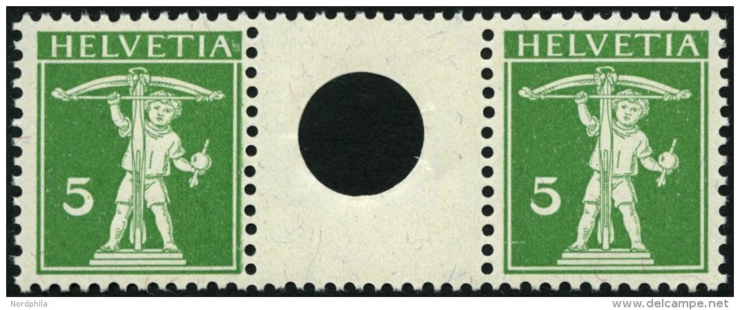 ZUSAMMENDRUCKE WZ 3IA **, 1909, Tellknabe 5 + Z + 5, Type I, Zwischensteg Mit Großem Loch, Pracht, Mi. 80.- - Se-Tenant