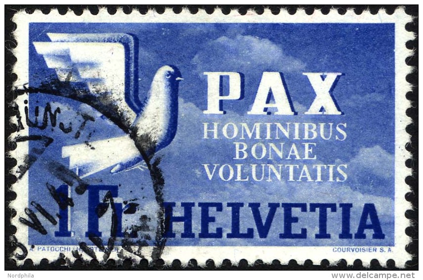 SCHWEIZ BUNDESPOST 455 O, 1945, 1 Fr. PAX, üblich Gezähnt Pracht, Gepr. Marchand, Mi. 120.- - Used Stamps