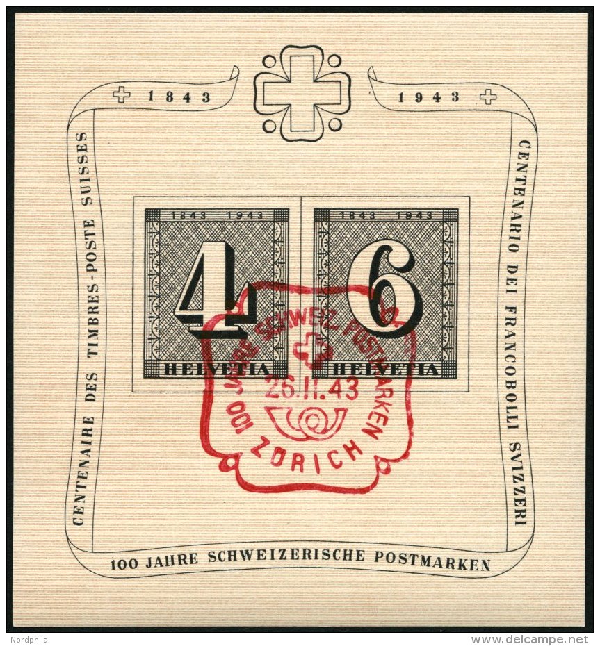 SCHWEIZ BUNDESPOST Bl. 8 O, 1943, Block 100 Jahre Briefmarken Mit Rotem Ersttags-Sonderstempel, Pracht, Mi. 65.- - Used Stamps